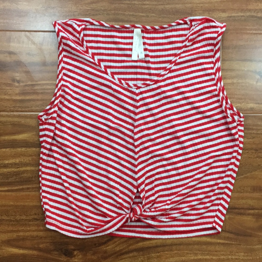 3/$25 Col Story Red White Stripe Knot Sleeveless Crop Top Size Medium Coastal
